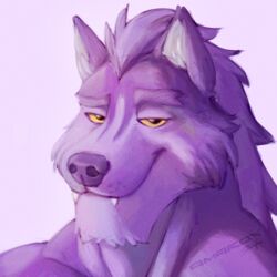  1:1 absurd_res amarox amarox_(character) anthro bust_portrait canid canine canine_teeth canis digital_media_(artwork) digital_painting_(artwork) hair hi_res looking_at_viewer male mammal muscular portrait simple_background smile solo wolf yellow_eyes 