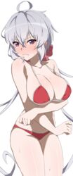  absurdres ahoge bikini blush breasts cleavage cowboy_shot female frown grey_hair hair_between_eyes hair_ornament hair_scrunchie hal-bard highres large_breasts long_hair looking_at_viewer low_twintails purple_eyes red_bikini scrunchie senki_zesshou_symphogear simple_background solo string_bikini sweat swimsuit twintails white_background yukine_chris 