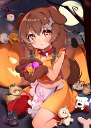  35p_(sakura_miko) animal_collar animal_ears ankimo_(tokino_sora) apron asymmetrical_legwear blush bone-shaped_pupils bone_hair_ornament braid brown_eyes brown_hair candy collar crop_top crop_top_overhang cropped_shirt crow_(la+_darknesss) dog_ears dog_girl dog_tail doggy_god&#039;s_street double-parted_bangs ebi_frion_(natsuiro_matsuri) extra_ears female food full_moon hair_between_eyes hair_ornament halloween highres holding holding_candy holding_food hololive hoso-inu inugami_korone jack-o&#039;-lantern kokoro_(hakui_koyori) lollipop long_hair looking_at_viewer low_twin_braids moon night night_sky no_shoes obake-chan_(yozora_mel) official_alternate_costume orange_shirt orange_skirt parted_lips pokobee poyoyo_(nakiri_ayame) red_collar red_socks red_thighhighs shiokko_(murasaki_shion) shirt sitting skirt sky socks solo_focus spiked_collar spikes star_(sky) starry_sky symbol-shaped_pupils tail takumin_dx thighhighs traditional_media twin_braids virtual_youtuber waist_apron wariza white_apron yukimin_(yukihana_lamy) 