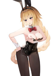  animal_ears bare_arms bare_shoulders black_leotard black_pantyhose blonde_hair blue_eyes bow braid breast_hold breasts cleavage commentary fake_animal_ears fate/apocrypha fate_(series) female highres jeanne_d&#039;arc_(fate) jeanne_d&#039;arc_(ruler)_(fate) leotard long_hair pantyhose playboy_bunny purple_eyes rabbit_ears red_bow simple_background single_braid solo sunga2usagi very_long_hair white_background 