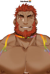  1boy bara beard dark-skinned_male dark_skin facial_hair gomtang hephaestus_(tokyo_houkago_summoners) large_pectorals lgbt_pride male_focus mature_male muscular muscular_male nipples one_eye_closed pectoral_focus pectorals rainbow_flag red_eyes short_hair smile solo thick_eyebrows tokyo_houkago_summoners upper_body 