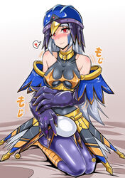  bare_shoulders bird_legs black_leotard blush breasts duel_monster egg facial_hair feather_fingers female grey_hair harpy heart helmet highres kneeling large_breasts leotard long_hair looking_at_viewer lyrilusc_-_recital_starling monster_girl red_eyes sangyou_haikibutsu_a smile solo spoken_heart star_(symbol) star_print winged_arms wings yu-gi-oh! 