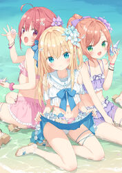  3girls :d anchor_symbol between_legs bikini blonde_hair blue_eyes blue_flower bow brown_footwear brown_hair closed_mouth commentary_request conch day flower frilled_bikini frilled_sailor_collar frills green_eyes hair_between_eyes hair_flower hair_ornament hairbow hand_between_legs hand_up hazuki_watora highres holding kani_biimu long_hair minazuki_sarami multiple_girls navel original outdoors pink_bikini ponytail purple_bikini purple_bow purple_flower red_eyes red_hair sailor_collar sandals shallow_water shimotsuki_potofu shoe_soles sitting skirt_basket smile swept_bangs swimsuit very_long_hair water wet_bikini white_flower white_sailor_collar yokozuwari 