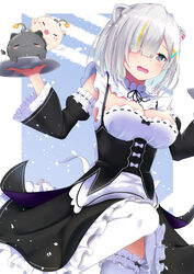  absurdres alternate_costume animal_ears blush bomb breasts cleavage cosplay detached_sleeves dress explosive female frilled_legwear grey_eyes grey_hair hair_between_eyes hair_over_one_eye highres holding holding_tray hololive large_breasts lion_ears lion_girl lit_fuse looking_at_viewer maid medium_hair mira_bluesky3 multicolored_hair official_alternate_hair_length official_alternate_hairstyle open_mouth re:zero_kara_hajimeru_isekai_seikatsu rem_(re:zero) rem_(re:zero)_(cosplay) roswaal_mansion_maid_uniform shishiro_botan short_hair ssrb_(shishiro_botan) streaked_hair thighhighs tray virtual_youtuber white_thighhighs zettai_ryouiki 