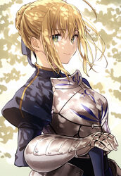  ahoge armor armored_dress artoria_pendragon_(fate) blonde_hair blue_ribbon braid braided_bun breastplate breasts closed_mouth commentary dappled_sunlight fate/stay_night fate_(series) faulds female gauntlets green_eyes hair_bun hair_ribbon highres juliet_sleeves long_hair long_sleeves looking_at_viewer lq_saku puffy_sleeves ribbon saber_(fate) sidelocks single_hair_bun smile solo sunlight 