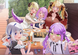  5girls ahoge amane_kanata amane_kanata_(work) angel angel_wings bare_shoulders blonde_hair closed_eyes collarbone commentary crown dragon_girl dragon_horns dragon_tail feathered_wings food glass green_eyes grey_hair hair_ornament hairclip highres himemori_luna himemori_luna_(sundress) holoforce hololive horns jacket jewelry kiryu_coco kiryu_coco_(loungewear) long_hair multiple_girls necklace official_alternate_costume omaru_(0marufestival) open_mouth orange_hair pink_hair plate purple_eyes purple_hair red_jacket sitting table tail takoyaki takoyaki_pan tokoyami_towa tokoyami_towa_(jirai_kei) toothpick tsunomaki_watame tsunomaki_watame_(street_casual) virtual_youtuber wings x_hair_ornament 