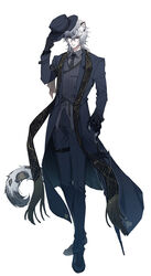  1boy animal_ears arknights black_gloves black_hair blue_hat blue_jacket blue_pants cat_ears chinese_commentary commentary_request formal full_body gloves grey_eyes grey_vest hair_between_eyes hat highres holding holding_clothes holding_hat holding_umbrella jacket leopard_boy leopard_ears leopard_tail long_sleeves male_focus necktie official_alternate_costume pants shoes silverash_(arknights) silverash_(york&#039;s_bise)_(arknights) simple_background solo suit tachi-e tail thigh_strap umbrella vest white_background xiandao1213 