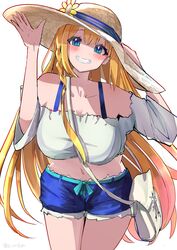  arms_up bare_shoulders between_breasts blue_eyes blush braid breasts cowboy_shot female grin hair_between_eyes hands_on_headwear hat highres hitotu_no_naka large_breasts long_hair looking_at_viewer midriff navel orange_hair pecorine_(princess_connect!) pecorine_(real)_(princess_connect!) princess_connect! short_shorts shorts simple_background single_braid smile solo strap_between_breasts straw_hat teeth very_long_hair white_background white_bag 