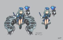  artist_name black_footwear blue_eyes blue_hair boots crossed_legs de.calvin doyagao dress female gloves gradient grey_background hat holding jacket long_hair long_sleeves looking_at_viewer multiple_views paragon_(starsector) personification signature sitting smirk smug starsector 