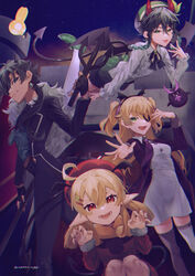  2boys 2girls :d :p ahoge alternate_costume asymmetrical_legwear bat_wings bird black_coat black_gloves black_hair black_pants black_shorts braid brown_scarf casual chromatic_aberration claw_pose coat commentary_request contemporary demon_tail demon_wings dress earrings eyepatch fischl_(genshin_impact) flying fur-trimmed_sleeves fur_scarf fur_trim genshin_impact gloves gradient_hair green_eyes hair_between_eyes hair_ornament hair_ribbon hairband hairclip halloween halloween_costume hat highres holding holding_polearm holding_weapon jewelry kaeya_(genshin_impact) klee_(genshin_impact) light_brown_hair long_hair long_sleeves looking_at_viewer mismatched_legwear multicolored_hair multiple_boys multiple_girls night night_sky open_mouth oz_(genshin_impact) pants pointy_ears polearm pose purple_coat red_dress red_eyes red_headwear ribbon scarf seelie_(genshin_impact) shorts sidelocks sky smile squatting star_(sky) starry_sky tail thighhighs tongue tongue_out totomagg trident twin_braids two-tone_hair two_side_up venti_(genshin_impact) venti_(halloween)_(genshin_impact) weapon white_dress wings zettai_ryouiki 