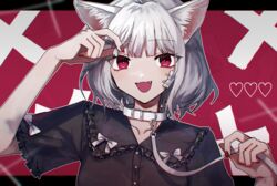  :d animal_collar animal_ear_fluff animal_ears arm_up bandage_on_face bandages black_shirt buttons cat_rubbing_(cevio) chromatic_aberration collar collarbone collared_shirt commentary_request danjou_sora female grey_hair hand_up heart highres holding holding_own_hair looking_at_viewer oerba_yun_fang official_art open_mouth red_eyes red_nails shirt short_hair smile solo upper_body 