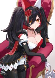  absurdres animal_ears black_hair bow breasts cape card chair choker cleavage cup elbow_gloves fake_animal_ears female flower gloves hair_flower hair_ornament hairbow highres hololive lace lace_choker large_breasts long_hair miofa_(ookami_mio) multicolored_hair official_alternate_costume oksuri ookami_mio ookami_mio_(wonderland) orange_eyes playing_card red_hair smile streaked_hair tail teacup twintails virtual_youtuber wolf_tail 