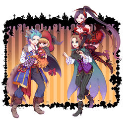  2boys 2girls animal_ears bat_wings beifunan black_hair black_nails blonde_hair blue_eyes blue_hair boots bow braid breasts bridal_gauntlets brown_hair camus_(dq11) cape carrying cat_ears cat_tail cleavage commentary_request corset detached_collar detached_sleeves dragon_quest dragon_quest_xi frilled_skirt frilled_sleeves frills gothic_lolita hairbow halloween_costume hat head_wings hero_(dq11) high_heel_boots high_heels high_ponytail highres horns index_finger_raised lolita_fashion long_hair martina_(dq11) multiple_boys multiple_girls nail_polish pants pantyhose parted_bangs petticoat pinstripe_legwear pinstripe_pattern ponytail princess_carry purple_eyes red_nails short_hair skirt spiked_hair striped_background striped_clothes striped_pants striped_thighhighs tail tail_bow tail_ornament thighhighs twin_braids veronica_(dq11) vertical-striped_clothes vertical-striped_thighhighs vest wings witch_hat wolf_boy wolf_ears wolf_tail wrist_cuffs zettai_ryouiki 