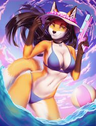  2022 accessory amber_eyes anthro bikini breasts brown_hair canid canine choker clothed clothed_anthro clothed_female clothing cloud cynthia_saito detailed_background digital_drawing_(artwork) digital_media_(artwork) dipstick_ears dipstick_tail ear_markings eyebrows eyelashes female female_anthro flower fox fur gloves_(marking) hair hat headgear headwear hi_res holding_object inner_ear_fluff jewelry leg_markings looking_at_viewer mammal markings medium_breasts multicolored_body multicolored_ears multicolored_fur necklace orange_body pinkerie plant seaside shaded smile socks_(marking) solo swimwear tail tail_markings thick_thighs toy toy_gun tuft water water_gun white_body white_fur yellow_eyes 