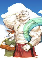  2020 5_fingers absurd_res anthro barazoku bear big_muscles blue_eyes bottomwear brown_body brown_fur canid canine canis clothed clothing crossed_arms domestic_dog duo eyebrows eyewear fingers food fur glasses green_eyes harold_(traver009) herding_dog hi_res huge_muscles humanoid_hands inflatable inner_tube jewelry looking_at_viewer male mammal multicolored_body multicolored_fur muscular muscular_anthro muscular_male necklace nipples one_eye_closed pastoral_dog pink_nipples polar_bear popsicle shirt shorts solo_focus t-shirt thick_eyebrows topless topwear traver009 two_tone_body two_tone_fur ursine vein veiny_muscles welsh_corgi white_body white_fur wink 