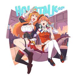  2girls absurdres ahoge arm_around_shoulder beret breasts chef_hat crmanzana dragon_girl dragon_horns dragon_tail hat highres hololive hololive_english holotalk horns kiryu_coco kiryu_coco_(1st_costume) large_breasts long_hair multiple_girls open_mouth orange_eyes orange_hair purple_eyes tail takanashi_kiara takanashi_kiara_(1st_costume) teeth upper_teeth_only virtual_youtuber 