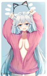  :d animal_ear_fluff animal_ears arms_up aties20 black_hairband black_nails blue_eyes blush breasts cat_ears collarbone commentary_request cowboy_shot fake_animal_ears female grey_background grey_hair hairband holding jacket large_breasts long_hair long_sleeves nail_polish naked_jacket navel oerba_yun_fang pink_jacket puffy_long_sleeves puffy_sleeves smile solo standing twintails two-tone_background v-shaped_eyebrows vei_(vtuber) vei_(vtuber)_(1st_costume) very_long_hair virtual_youtuber vshojo white_background 