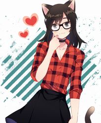  :3 animal_ear_fluff animal_ears black_eyes black_hair black_skirt blush breasts cat_ears cat_girl cat_tail cleavage closed_mouth collarbone collared_shirt commentary_request commission diagonal_stripes dress_shirt female glasses hand_up heart highres long_hair looking_at_viewer numbers_(pigpenandpaper) original plaid plaid_shirt pleated_skirt red_shirt shirt short_sleeves skirt small_breasts solo striped striped_background tail 