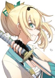  absurdres black_gloves blonde_hair blurry breasts chest_sarashi cleavage depth_of_field female fingerless_gloves from_side gloves green_eyes hair_between_eyes hair_ornament hairband haori highres holding holding_sword holding_weapon hololive inapple japanese_clothes katana kazama_iroha kazama_iroha_(1st_costume) leaf_hair_ornament looking_at_viewer medium_breasts medium_hair ponytail sarashi simple_background solo sword tears upper_body virtual_youtuber weapon white_background 