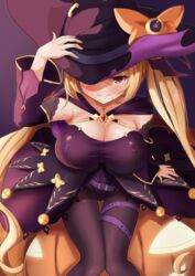  azur_lane blonde_hair blush breasts cape cleavage detached_sleeves female from_above gem halloween halloween_costume hat highleg highleg_leotard highres jack-o&#039;-lantern large_breasts leotard looking_at_viewer nelson_(azur_lane) nelson_(luna_witch)_(azur_lane) official_alternate_costume pantyhose purple_cape purple_leotard red_eyes red_gemstone shinka_(yonkun121) sitting solo strapless strapless_leotard taut_leotard thigh_gap thigh_strap witch_hat 