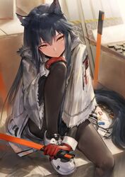  animal_ears aos arknights black_hair black_pantyhose commentary_request female fur_trim hair_between_eyes highres holding holding_sword holding_weapon hood hooded_jacket jacket knee_to_chest long_hair official_alternate_costume pantyhose sheath shorts sitting solo sword tail texas_(arknights) texas_(winter_messenger)_(arknights) very_long_hair weapon yellow_eyes 