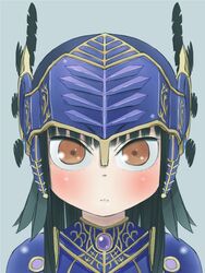  armor black_hair blush breastplate brown_eyes closed_mouth ebimomo female green_background helmet hrist_valkyrie looking_at_viewer pauldrons portrait short_hair shoulder_armor simple_background solo valkyrie_profile_(series) visor_(armor) 