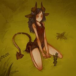  1:1 ambiguous_gender black_hair bottomwear bow_(feature) breasts brown_eyes circle_eyebrows clothed clothing demon demon_humanoid duo eyebrows female female_focus hair horn hotpants humanoid kneeling long_hair not_furry portals_of_phereon rhita_(portals_of_phereon) shirt shorts small_breasts solo_focus spade_tail syvaron tail tank_top topwear 