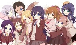  6+girls 9-tie black_hair blonde_hair blue_eyes blue_hair blush bow brown_eyes brown_hair closed_mouth earrings green_eyes grey_hair hairbow hamaguri_hiromi hananoi_rena imau_nagisa jewelry koizumi_uta long_hair looking_at_viewer miyama_suzune multiple_girls one_eye_closed open_mouth purple_eyes purple_hair rabbit-hinata school_uniform selection_project short_hair smile sweater touma_mako yagi_nodoka yamaga_shiori yodogawa_ao 