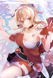  bandages bare_shoulders black_sash blonde_hair breasts chest_sarashi chest_tattoo choker cleavage commentary female genshin_impact hands_up head_tilt highres japanese_clothes kimono large_breasts long_hair looking_at_viewer natsuki_yoru obi orange_kimono parted_lips sarashi sash short_kimono shoulder_tattoo solo tattoo thighs yellow_eyes yoimiya_(genshin_impact) 