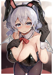  animal_ears bare_shoulders blush bow bowtie breasts cleavage collarbone demon_girl demon_horns demon_wings drill_hair duel_monster fake_animal_ears female gloves grey_eyes grey_hair hair_between_eyes highres horns huge_breasts lovely_labrynth_of_the_silver_castle medium_hair pantyhose playboy_bunny pointy_ears rabbit_ears se-u-ra solo sweat twin_drills wings wrist_cuffs yu-gi-oh! 