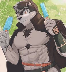  abs anthro asian_clothing belt bottomwear brown_body brown_fur canid canine canis chest_tuft clothing coat_cape east_asian_clothing food fur gakuran horkeu_kamui_(tas) japanese_clothing japanese_school_uniform kesigomu_kemo lifewonders loincloth male mammal pecs popsicle school_uniform smiles solo tokyo_afterschool_summoners tuft uniform white_body white_fur wolf yellow_eyes 