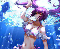  angelfish aona_(anagasaki) bare_shoulders bikini breasts cleavage collarbone damselfish fate/grand_order fate_(series) female fish flower hair_between_eyes hair_flower hair_ornament large_breasts long_hair navel off-shoulder_bikini off_shoulder purple_bikini purple_hair red_eyes scathach_(fate) scathach_skadi_(fate) scathach_skadi_(swimsuit_ruler)_(fate) scathach_skadi_(swimsuit_ruler)_(first_ascension)_(fate) smile solo swimming swimsuit tropical_fish twintails underwater 