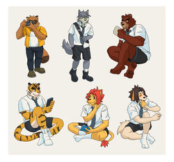  2022 anthro backpack bear blue_eyes border bottomwear brown_body camera canid canine canis closed_eyes clothing domestic_dog eyewear felid glasses grey_body group hi_res humanoid_hands husky juuichi_mikazuki kemono kounfuyu kounosuke_(morenatsu) kouya_(morenatsu) kyouji_(morenatsu) lion male mammal morenatsu necktie nordic_sled_dog pantherine pants pink_nose raccoon_dog shirt shorts sitting slightly_chubby soutarou_(morenatsu) spitz tanuki tiger topwear torahiko_(morenatsu) white_border 