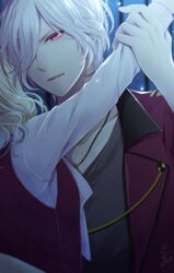  1boy blonde_hair diabolik_lovers facing_away fangs female grey_shirt jacket komori_yui long_sleeves looking_at_viewer male_focus murashige-lu parted_lips red_eyes red_jacket sakamaki_subaru shirt short_hair vampire wavy_hair white_hair 