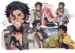  2boys 2girls absurdres anger_vein balthus_von_albrecht black_hair brown_eyes brown_hair cape chessboard claude_von_riegan closed_eyes closed_mouth commentary_request dark-skinned_male dark_skin fire_emblem fire_emblem:_three_houses from_side funyanrinpa garreg_mach_monastery_uniform gloves grin highres hilda_valentine_goneril long_hair long_sleeves lysithea_von_ordelia multiple_boys multiple_girls open_mouth pink_eyes pink_hair short_hair smile twintails uniform white_hair yellow_cape 