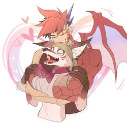  absurd_res amorey anothereidos_of_dragon_vein_r anthro bandana brown_body brown_fur closed_eyes dragon duo fur gaia_(anothereidos_r) ge5ajtqitgcpx0m heart_symbol hi_res hug hugging_another hugging_from_behind human hybrid japanese_kobold kerchief kobold male mammal mythological_creature mythological_scalie mythology navel red_body red_scales scales scalie smile tan_body tan_fur 