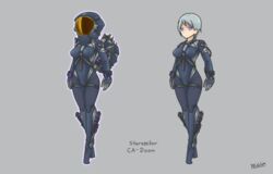  armor artist_name black_bodysuit bodysuit breasts de.calvin doom_(starsector) female full_body gloves gradient grey_background grey_hair holding joints looking_at_viewer personification purple_eyes robot_joints short_hair signature standing starsector weapon 