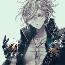  1boy bad_id bad_pixiv_id bare_pectorals bishounen bottle commentary_request edmond_dantes_(fate) edmond_dantes_(monte_cristo_selection)_(fate) fate/grand_order fate_(series) glasses gloves hair_ornament hairclip highres jewelry key key_necklace koshika_rina male_focus necklace pectorals solo white_hair yellow_eyes 