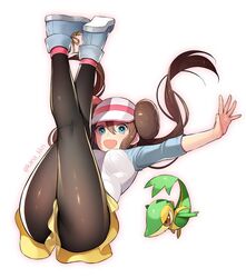  :d aqua_eyes breasts brown_hair commentary_request double_bun eyelashes female full_body hair_between_eyes hair_bun kaidou_j1 legs long_hair open_mouth outstretched_arm pantyhose pantyhose_under_shorts pokemon pokemon_(creature) pokemon_bw2 raglan_sleeves rosa_(pokemon) shirt shoes short_shorts shorts simple_background smile sneakers snivy twintails twitter_username visor_cap white_background yellow_shorts 