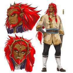  1boy aged_down alternate_hairstyle alternate_universe artist_request beard belt black_nails check_source circlet commentary dark-skinned_male dark_skin earrings facial_hair ganondorf gerudo gold_trim hand_on_own_hip highres jewelry manly pointy_ears portuguese_commentary red_hair scowl sideburns source_request the_legend_of_zelda the_legend_of_zelda:_breath_of_the_wild tunic yellow_eyes 