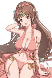  :d absurdres bare_shoulders bikini blush breasts brown_eyes brown_hair circlet cleavage collarbone female fire_emblem fire_emblem:_mystery_of_the_emblem fire_emblem:_shadow_dragon_and_the_blade_of_light fire_emblem_heroes gonzarez hair_ornament highres jewelry large_breasts linde_(fire_emblem) linde_(summer)_(fire_emblem) long_hair looking_at_viewer navel official_alternate_costume open_mouth pink_bikini ponytail simple_background smile solo starfish starfish_hair_ornament swimsuit very_long_hair white_background 