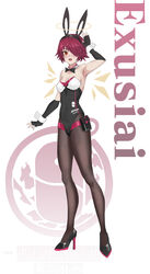  :d absurdres alternate_costume animal_ears arknights arm_up armpits bare_shoulders black_bow black_bowtie black_footwear black_gloves black_hairband black_leotard black_pantyhose blush bow bowtie breasts character_name cleavage clothes_writing cola-alter detached_collar detached_wings elbow_gloves energy_wings exusiai_(arknights) fake_animal_ears female full_body gloves hairband halo high_heels highres leotard medium_breasts open_mouth pantyhose penguin_logistics_logo playboy_bunny pouch rabbit_ears red_eyes red_hair short_hair smile solo strapless strapless_leotard traditional_bowtie wings wrist_cuffs 