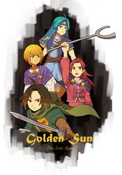  2boys 2girls blonde_hair blue_hair brown_eyes brown_hair closed_mouth felix_(golden_sun) gloves golden_sun jenna_(golden_sun) long_hair looking_at_viewer multiple_boys multiple_girls open_mouth piers_(golden_sun) sheba_(golden_sun) short_hair staff sword weapon yuzu_(es_citron) 