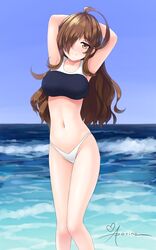  ahoge aposine arms_behind_head arms_up artist_name bikini breasts brown_eyes brown_hair closed_mouth collarbone commentary day english_commentary female hair_over_one_eye heart highres huge_ahoge kono_subarashii_sekai_ni_shukufuku_wo! large_breasts long_hair looking_at_viewer mismatched_bikini navel outdoors signature sky smile solo standing swimsuit water waves wiz_(konosuba) 