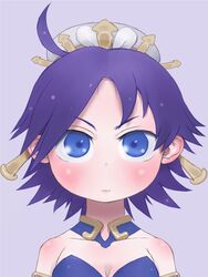  ahoge bare_shoulders blue_eyes blush breasts cleavage closed_mouth commentary_request detached_collar ebimomo female fuurai_no_shiren hair_ornament hair_stick hat looking_at_viewer oryuu portrait purple_background purple_hair simple_background solo white_hat 