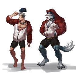  2boys abs animal_ears bara barefoot baseball_cap belt_collar black_male_swimwear bulge chest_harness chest_tuft collar facial_hair full_body furrification furry furry_male hands_in_pockets harness hat hat_over_eyes highres hood hooded_jacket jacket male_focus male_swimwear mature_male midriff_peek multiple_boys muscular muscular_male original partially_unzipped pectoral_cleavage pectorals red_jacket selkiro short_hair sideburns stubble swim_briefs tail thick_thighs thighs undercut wolf_boy wolf_ears wolf_tail 