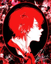  1boy 3kuma bandaid bandaid_on_face bandaid_on_nose black_background colored_skin expressionless flag framed fukase highres male_focus neckerchief portrait profile red_hair red_neckerchief red_theme signature solo vocaloid white_skin x 