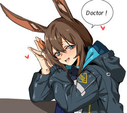  :d amiya_(arknights) animal_ears arknights banssee blue_eyes blush brown_hair commentary_request english_text female hair_between_eyes heart highres hood hooded_jacket jacket jewelry korean_commentary long_hair looking_at_viewer open_mouth rabbit_ears ring simple_background smile solo teeth white_background 