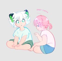  1boy animal_ears aqua_shirt barefoot blue_shorts cat_ears closed_eyes english_text female green_eyes green_shorts grey_background highres lolicon luo_xiaobai luo_xiaohei luo_xiaohei_(human) luo_xiaohei_zhanji mizushima_(barairo) pink_hair pink_shirt profile shirt short_hair short_ponytail shorts simple_background smile teeth white_hair 