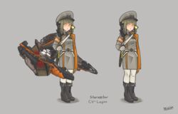  artist_name black_footwear boots brown_hair closed_mouth de.calvin female full_body gloves gradient green_hair grey_background hat jacket legion_(starsector) long_hair long_sleeves looking_at_viewer military_hat multiple_views peaked_cap personification standing starsector sword weapon white_gloves yellow_eyes 